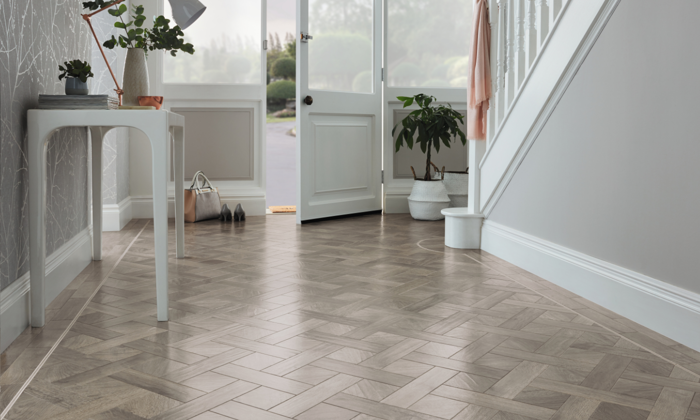 Karndean Storm Oak Parquet wood LVT flooring in a hallway