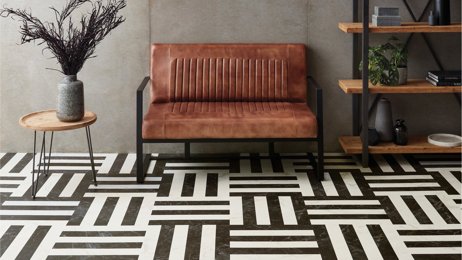 Karndean designflooring glacial and midnight marble stone tiles flooring in a living room