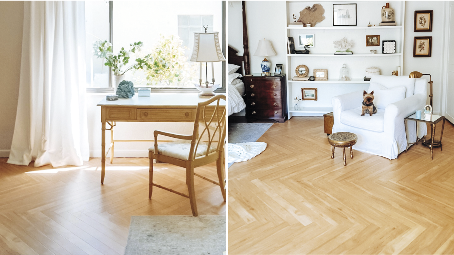 Left: Desk by the window in bedroom with herringbone floors; Right: Chair beside bed with herringbone floors