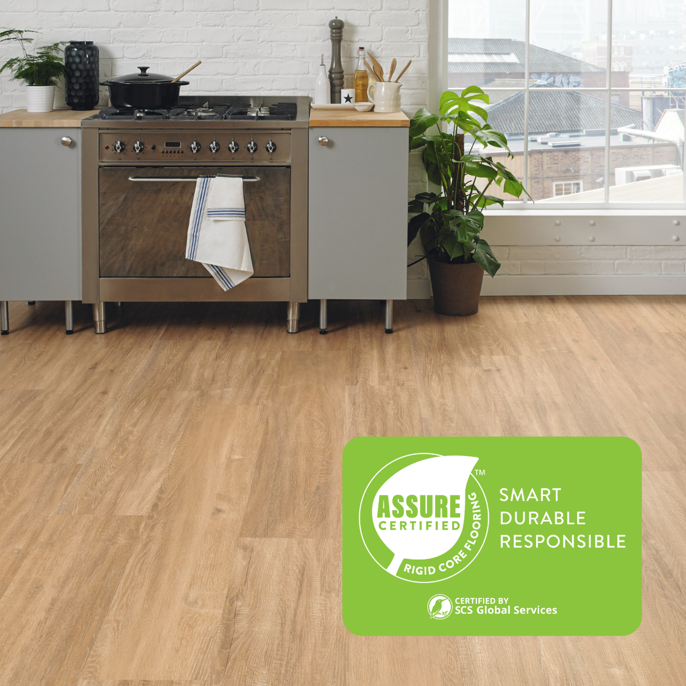 Champagne Oak LLP310 in a loft kitchen with the ASSURE CERTIFIED™ logo 