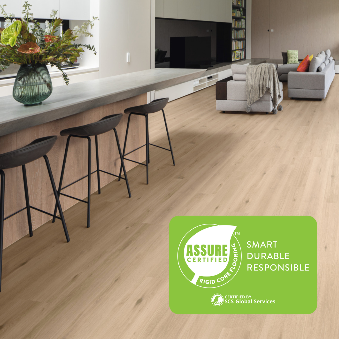 Pure Danish Oak LLP357 in an open plan home with the ASSURE CERTIFIED™ logo 