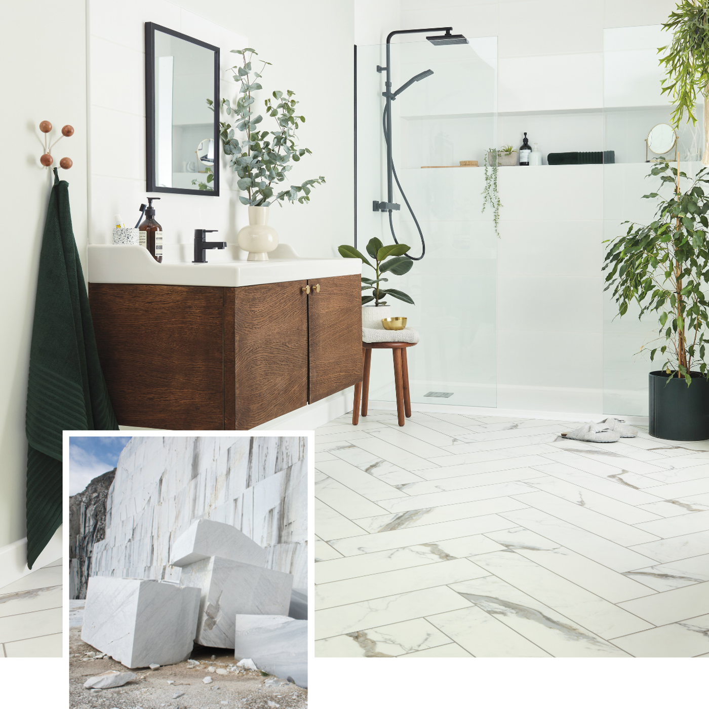 Brunella Marble SM-RKT3013-G en un baño y la piedra que los inspiraron