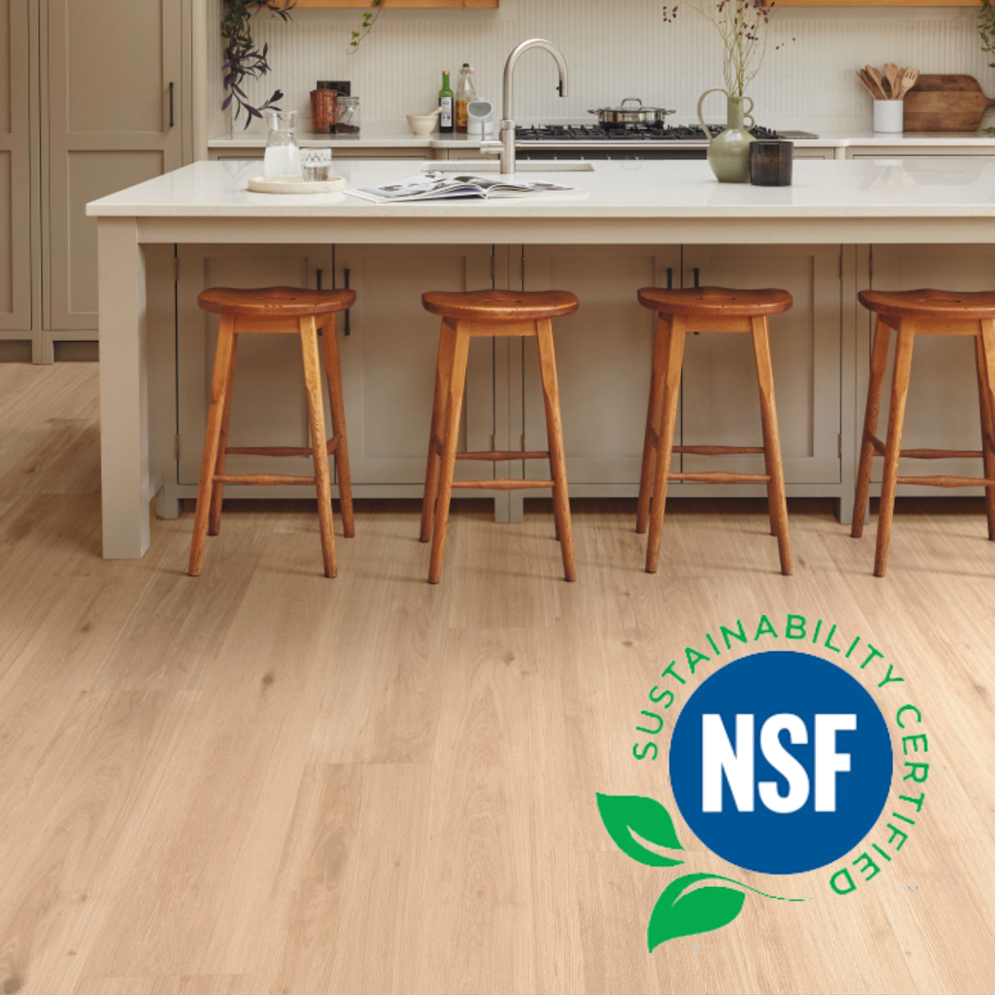 Nude Danish Oak LLP358 in a kitchen with the NSF sustainability logo