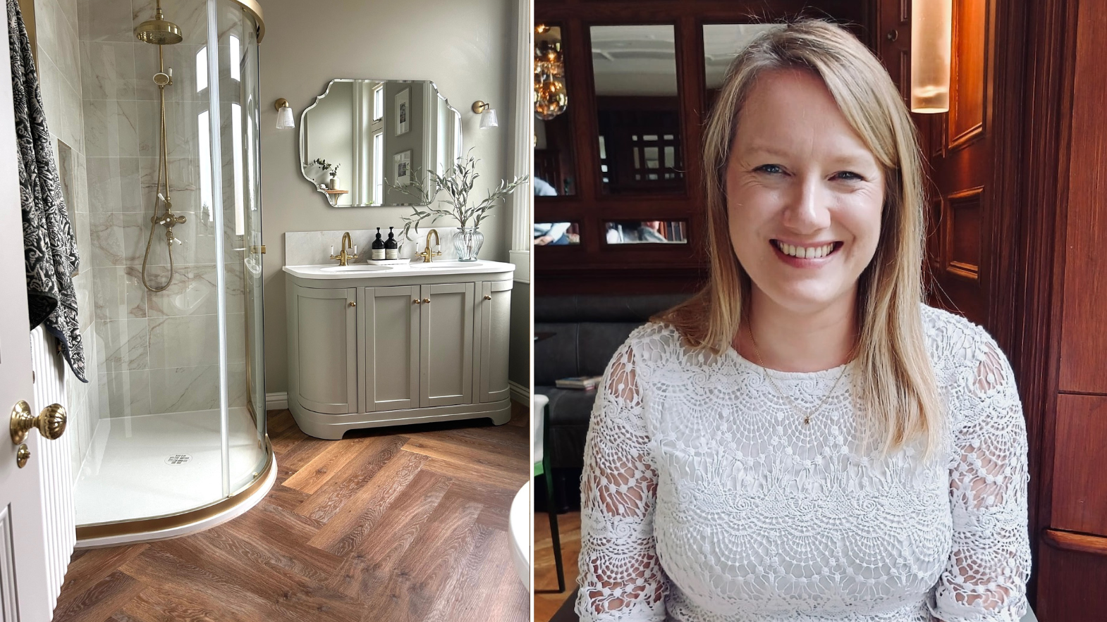 Classic Limed Oak Herringbone laid in a bathroom and guest blogger Emma