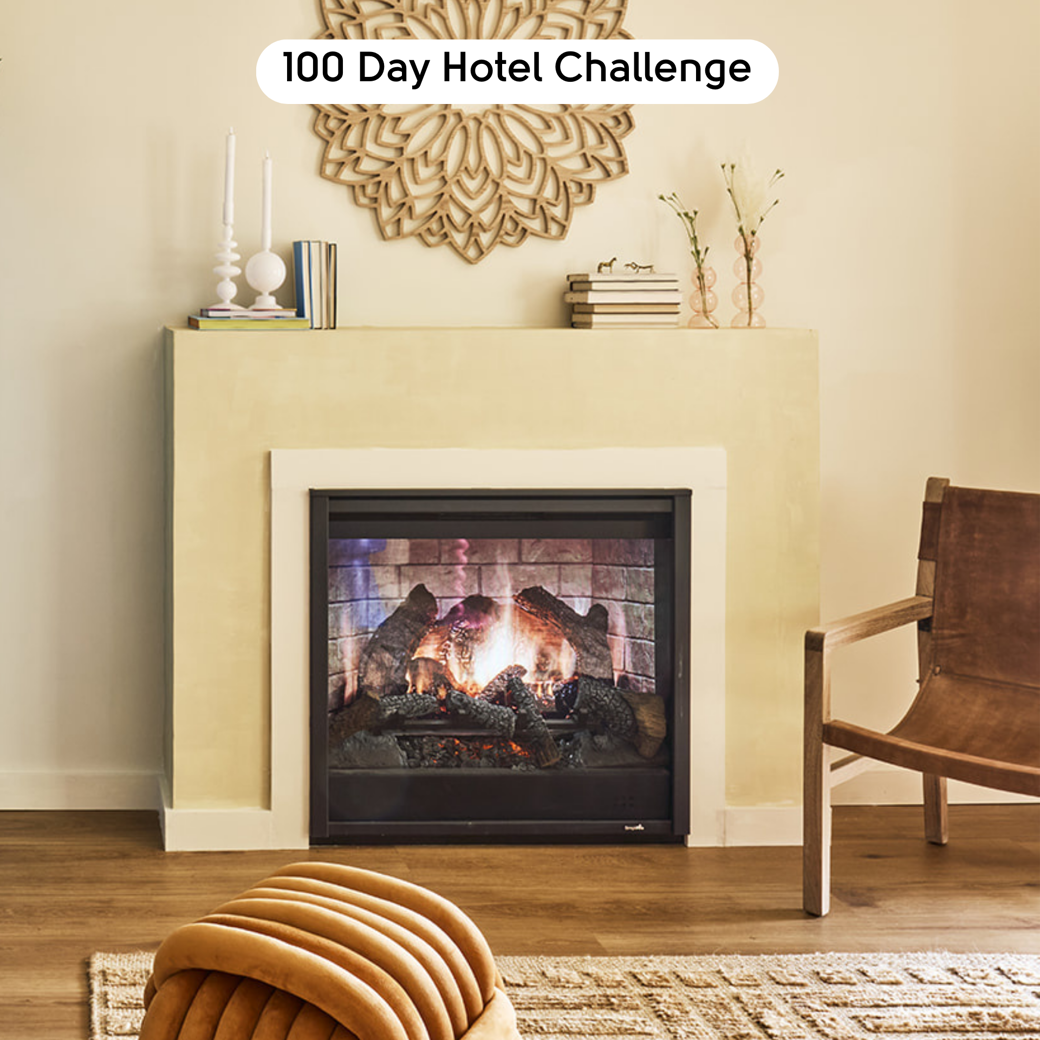 Golden Danish Oak LLP359 floors complement the fireplace in the motel suite designed by Brian Kleinschmidt in 100 Day Hotel Challenge