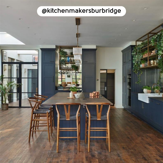 Kitchen with Antique French Oak RKP8110 floors and dark cabinets; photo credit: @kitchenmakersburbridge