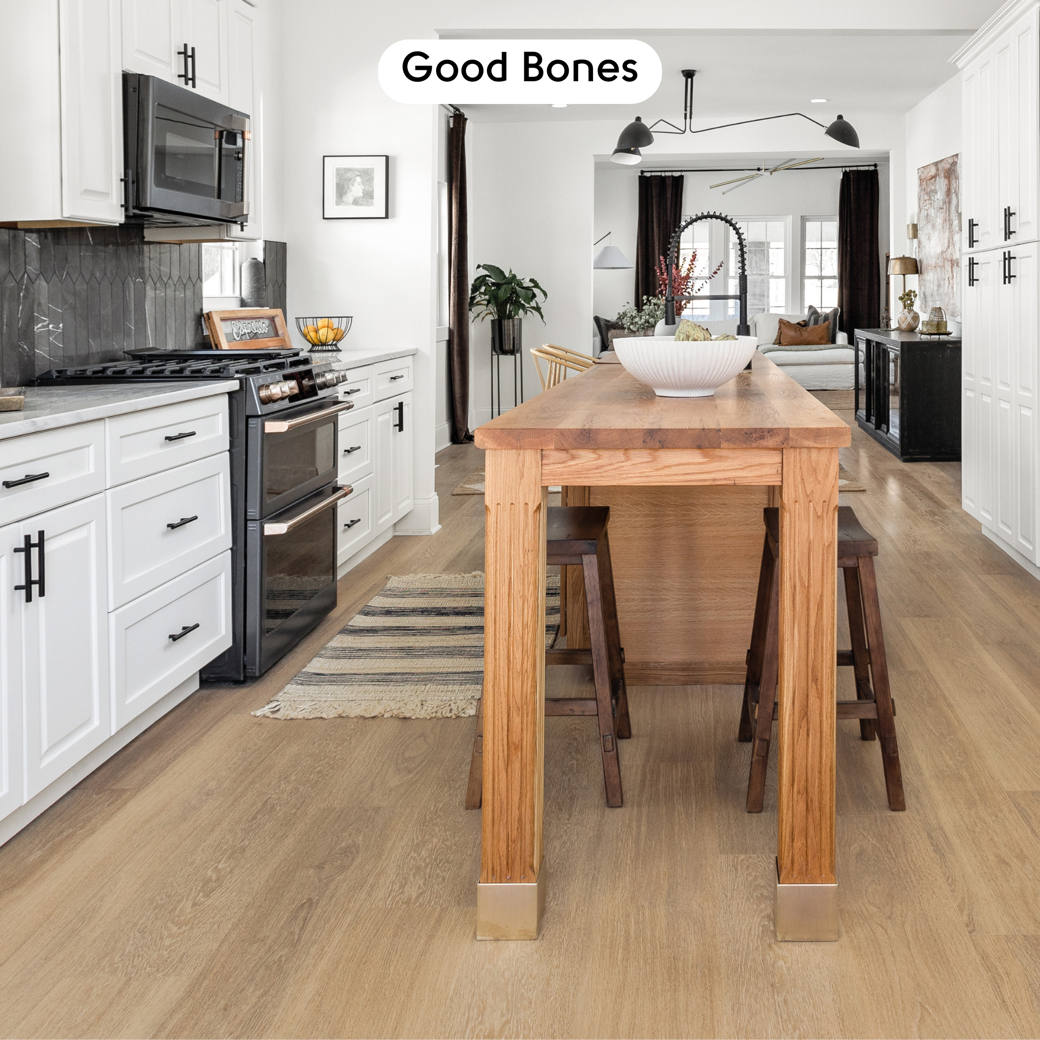 Warm Brushed Oak RKP8215 floors in a kitchen designed by Mina Starsiak Hawk on Good Bones; photo credit: Cory Phillips, The Home Aesthetic