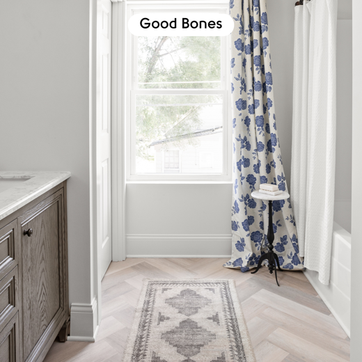 Herringbone Texas White Ash SM-RKP8105 floors in a bathroom designed by Mina Starsiak Hawk on Good Bones; photo credit: Cory Phillips, The Home Aesthetic