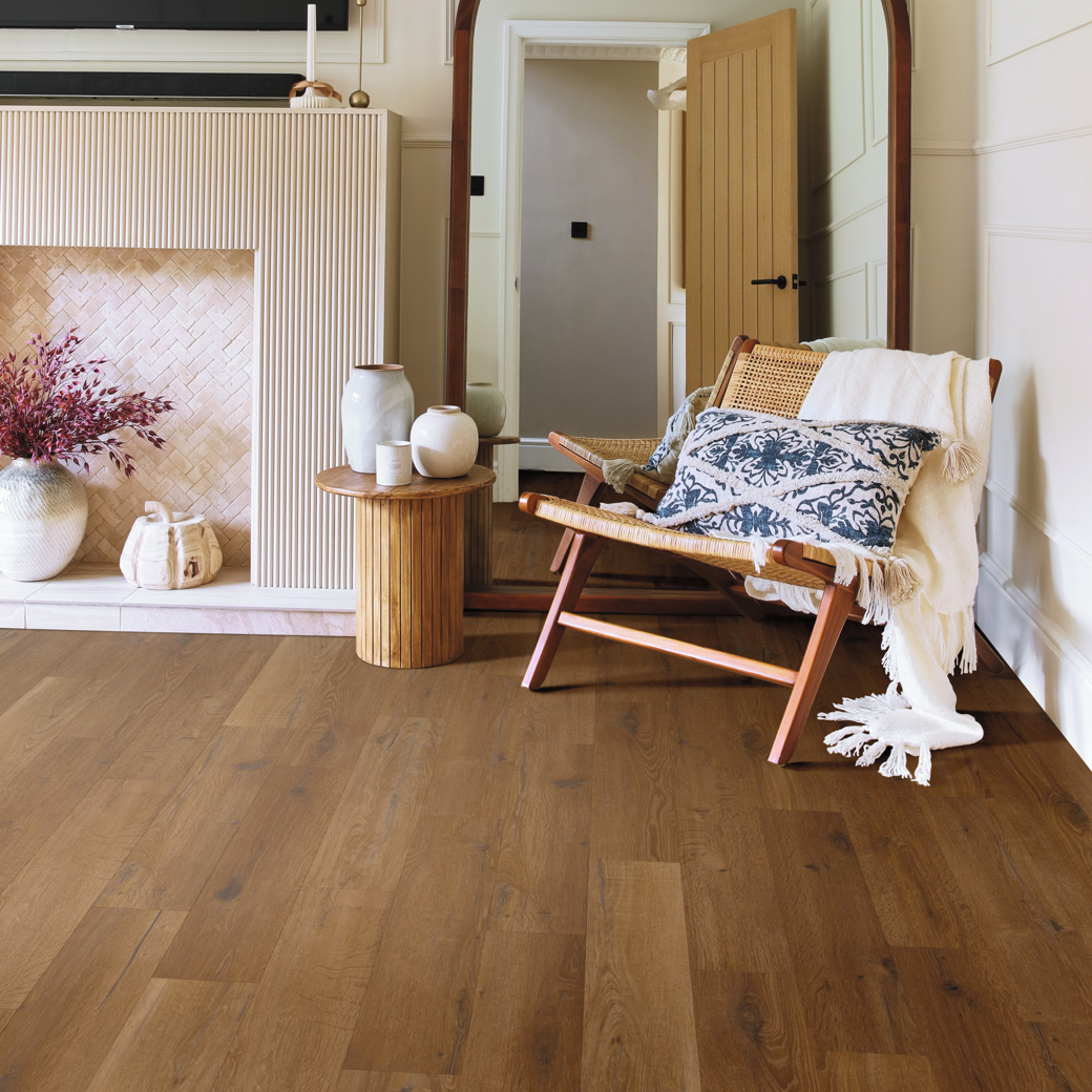 Russet Oak mid brown lvt flooring laid in a living room area